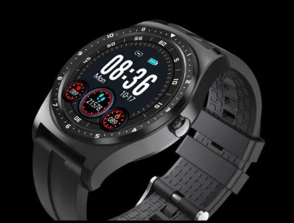 Full circle smart watch with touch display showing health metrics on silicone wristband