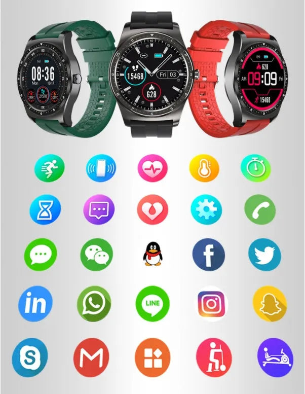 Full circle smart watch with touch display showing health metrics on silicone wristband