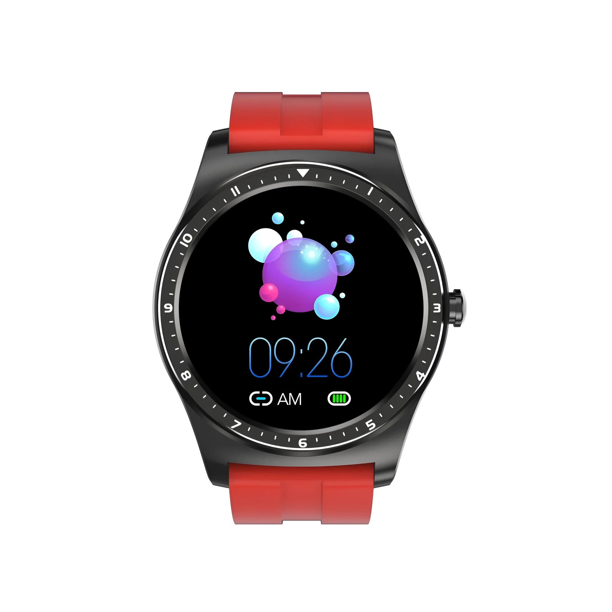 Full circle smart watch with touch display showing health metrics on silicone wristband