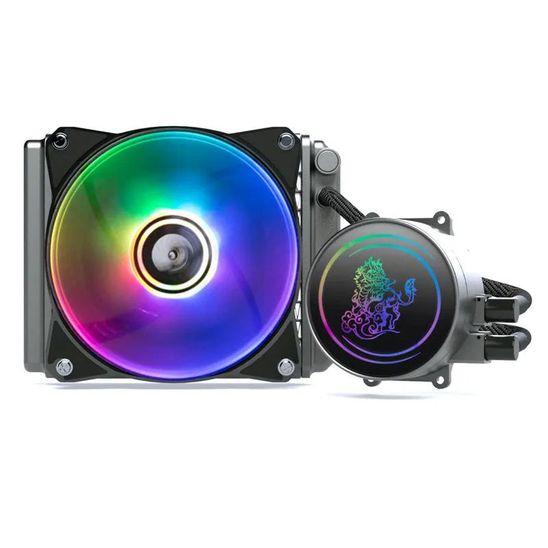 Kirin 240 ARGB CPU water cooling radiator with fans and colourful lighting on a 24cm copper-aluminium heatsink.