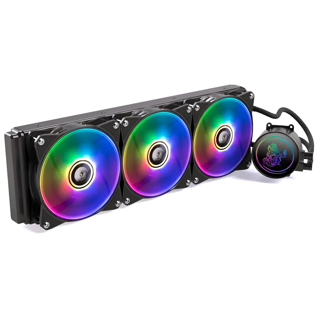 Kirin 240 ARGB CPU water cooling radiator with fans and colourful lighting on a 24cm copper-aluminium heatsink.