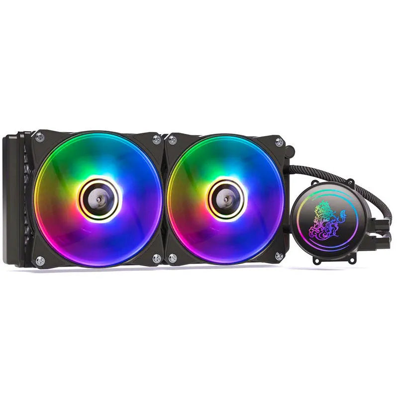 Kirin 240 ARGB CPU water cooling radiator with fans and colourful lighting on a 24cm copper-aluminium heatsink.