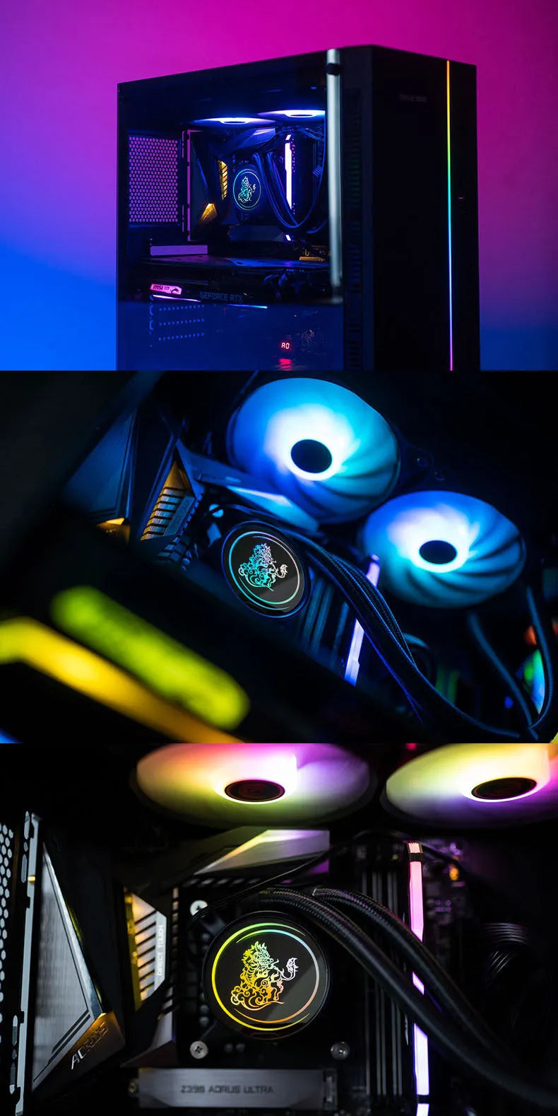 Kirin 240 ARGB CPU water cooling radiator with fans and colourful lighting on a 24cm copper-aluminium heatsink.