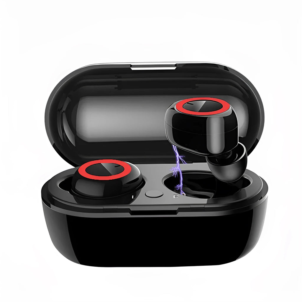 TWS Bluetooth wireless headphones in black with red accents showing earplug design for bilateral stereo sound