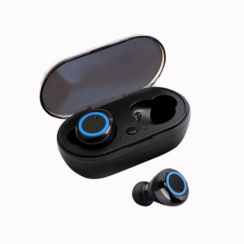 TWS Bluetooth wireless headphones in black with red accents showing earplug design for bilateral stereo sound