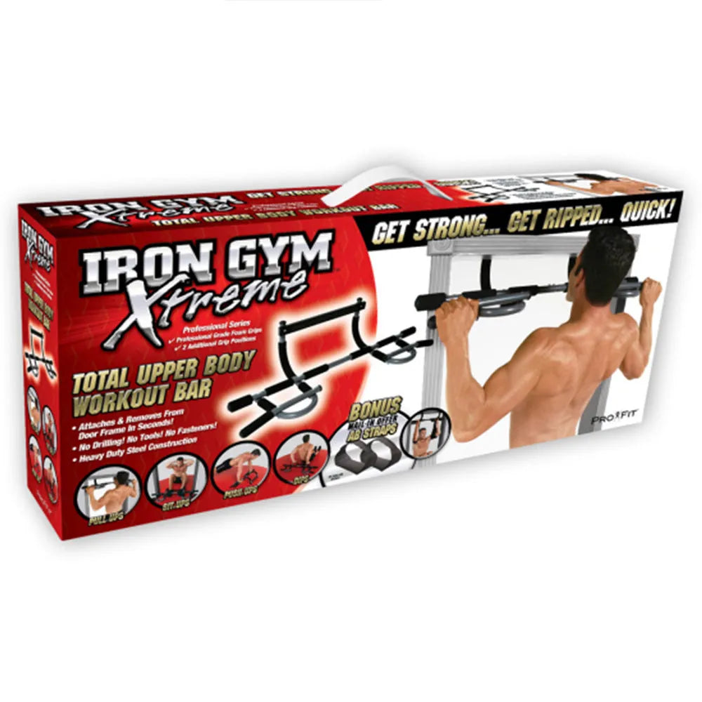 Black wall-mounted pull-up bar with adjustable steel tension bar for home gym.