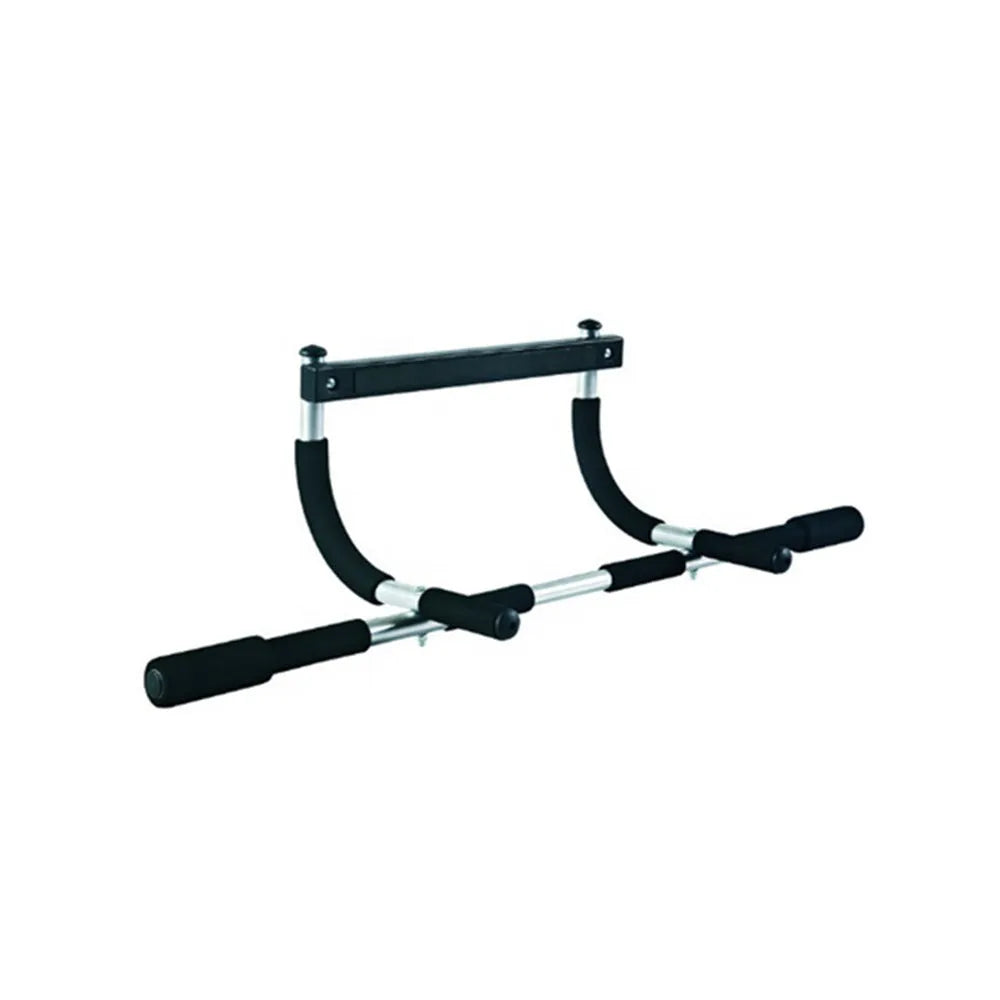 Black wall-mounted pull-up bar with adjustable steel tension bar for home gym.