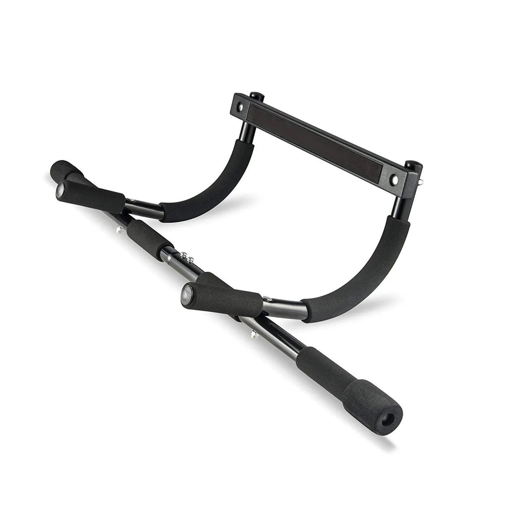 Black wall-mounted pull-up bar with adjustable steel tension bar for home gym.