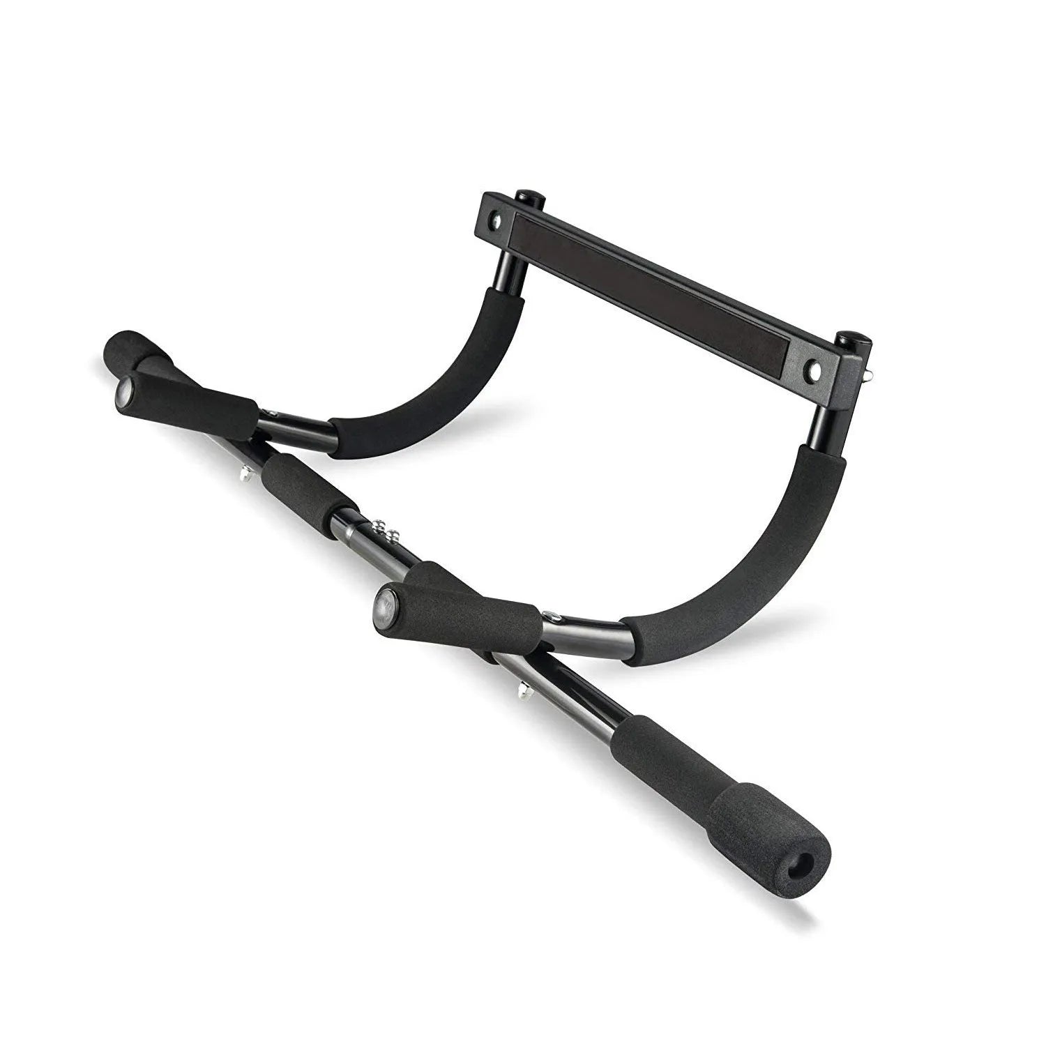 Black wall-mounted pull-up bar with adjustable steel tension bar for home gym.