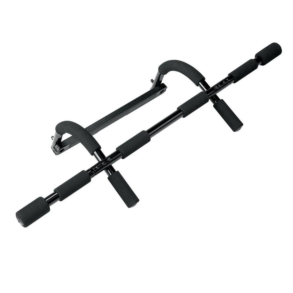 Black wall-mounted pull-up bar with adjustable steel tension bar for home gym.