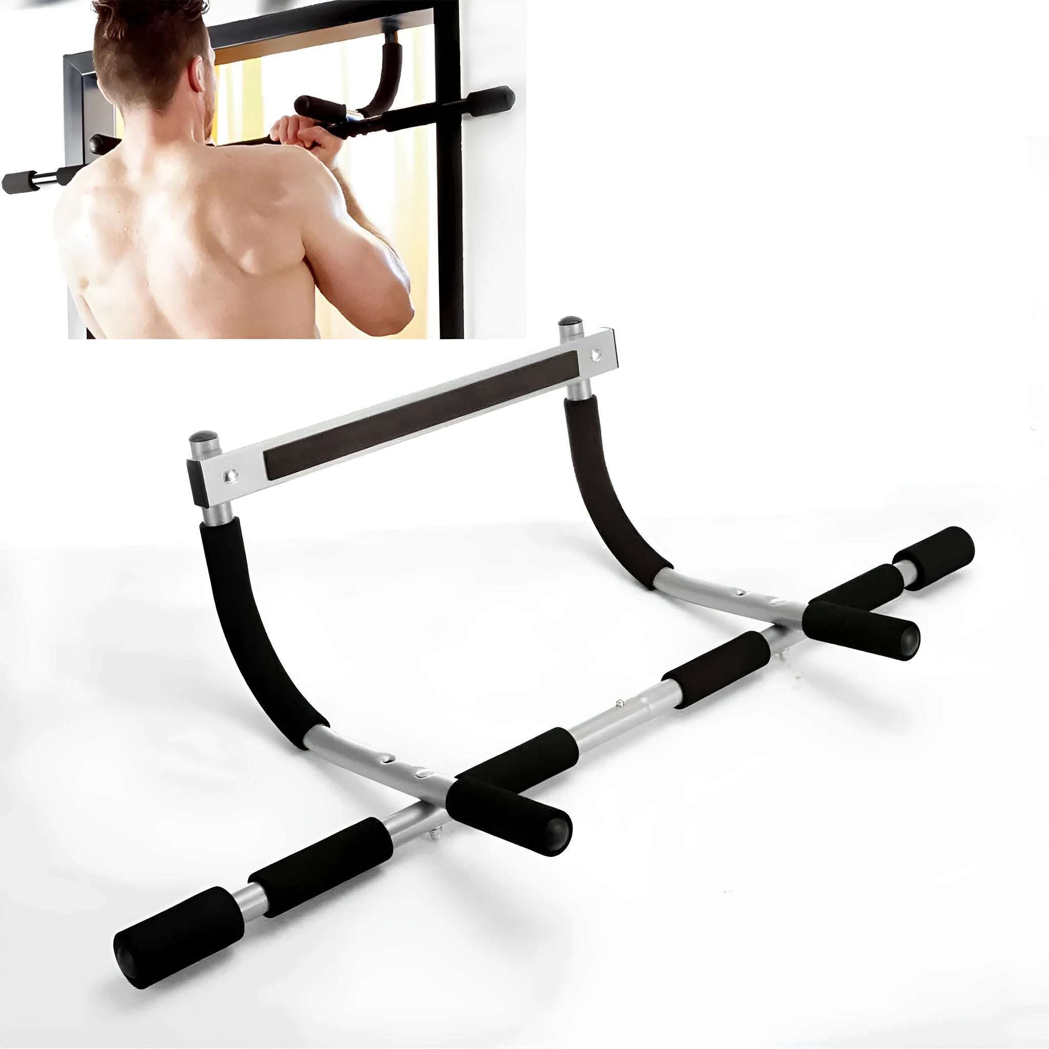 Black wall-mounted pull-up bar with adjustable steel tension bar for home gym.