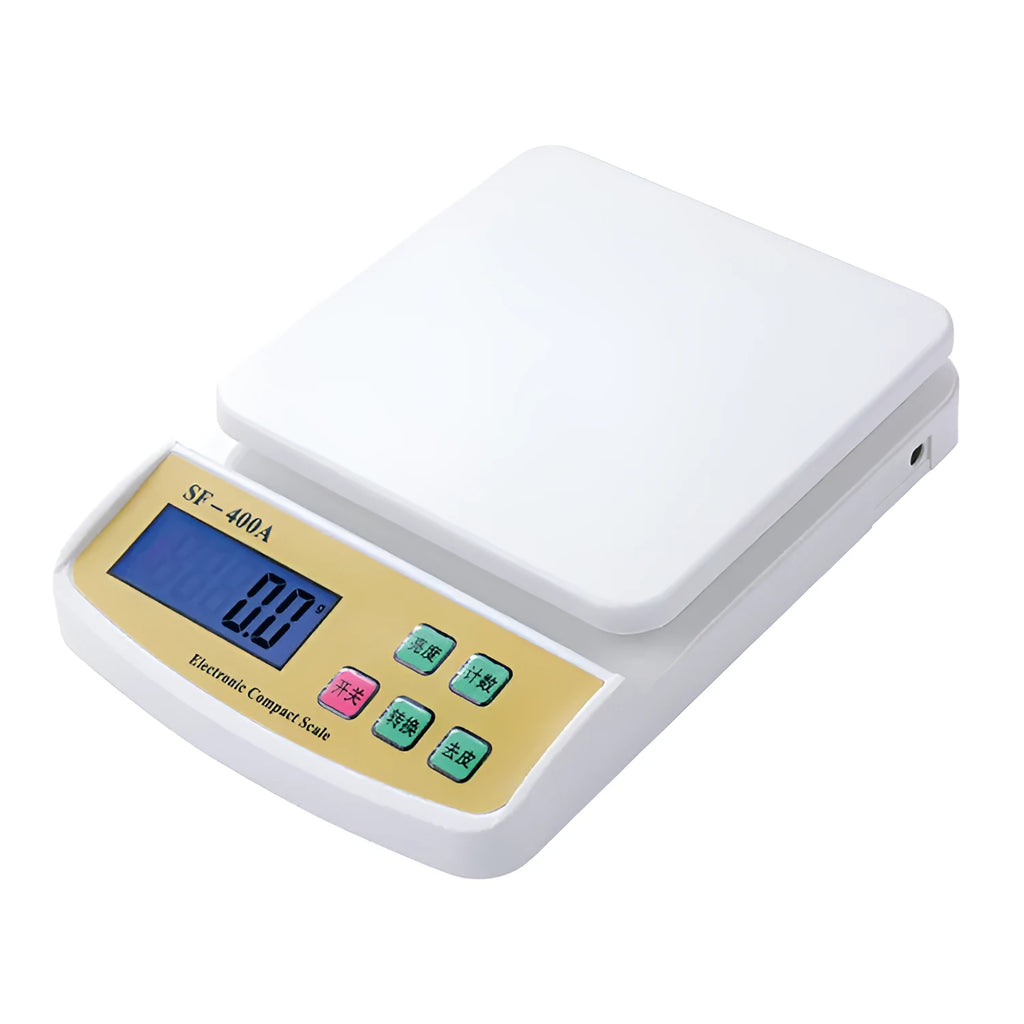 SF-400A black electronic digital kitchen scale on a countertop showing a weight display.
