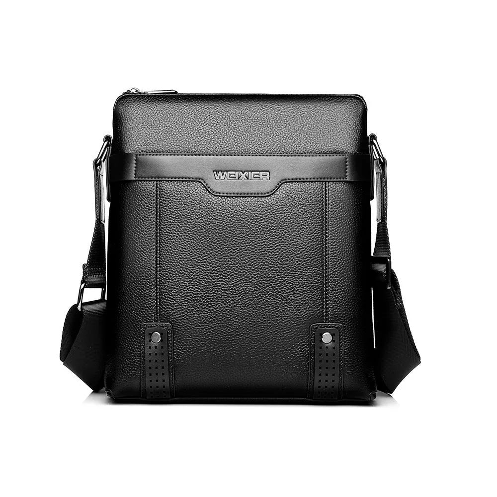 Black PU leather men's shoulder bag with square vertical design and zipper closure