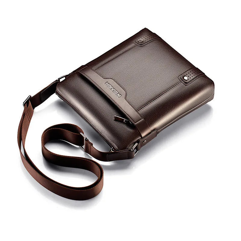 Black PU leather men's shoulder bag with square vertical design and zipper closure