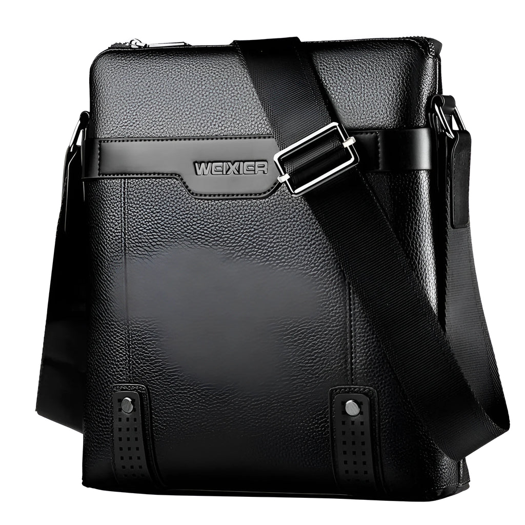 Black PU leather men's shoulder bag with square vertical design and zipper closure