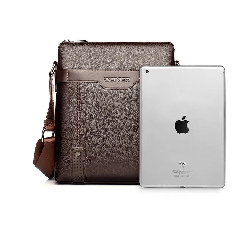 Black PU leather men's shoulder bag with square vertical design and zipper closure