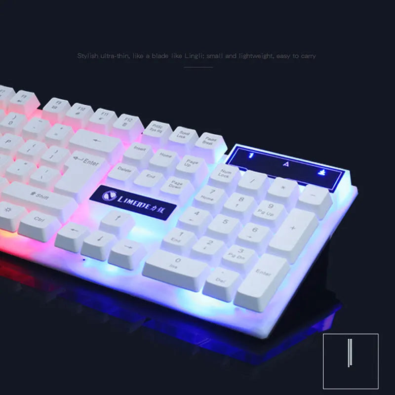 GTX300 black and white wired gaming keyboard and mouse set with backlight on desk