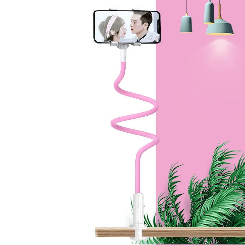 Blue bedside mobile phone and tablet holder with flexible memory alloy hose extended.