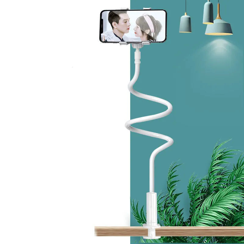Blue bedside mobile phone and tablet holder with flexible memory alloy hose extended.