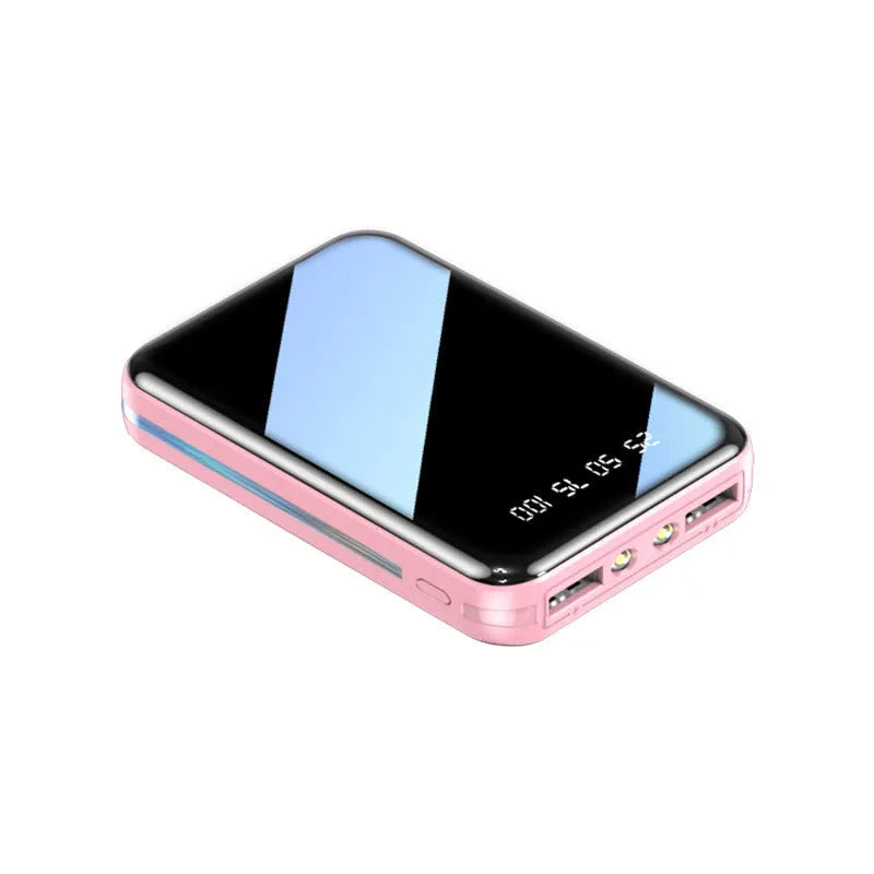 Mini power bank with digital display showing battery percentage, compact rectangular design in multiple colour options