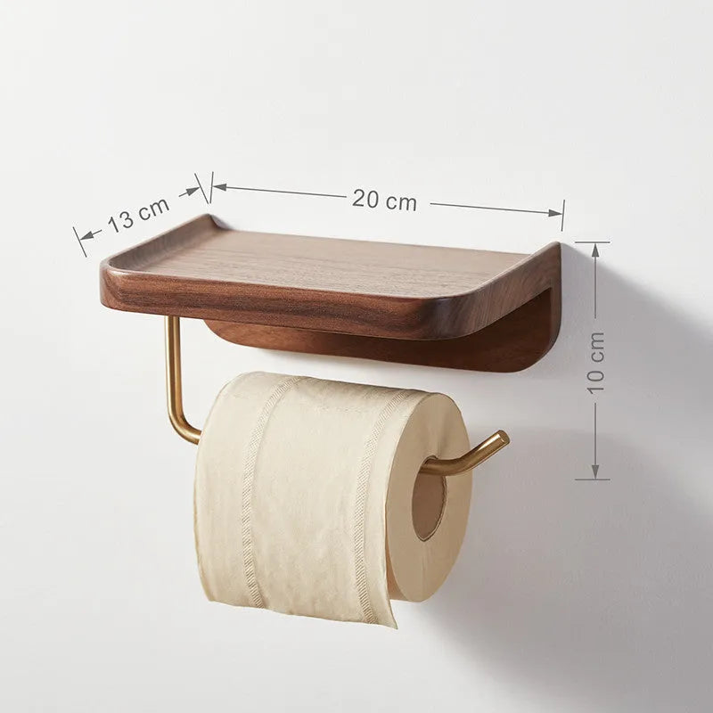Solid walnut wood and brass wall-mounted paper towel holder and toilet roll rack.