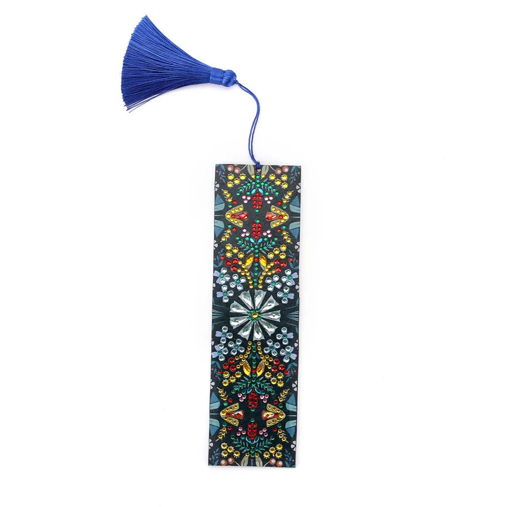 Leather bookmark with hand-embroidered diamond mandala flower design using special-shaped and round diamonds.