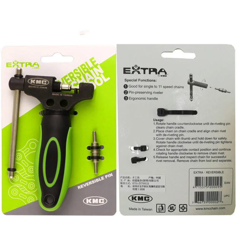 Green steel bicycle chain cutter tool with double shaft device and included chain driver accessory