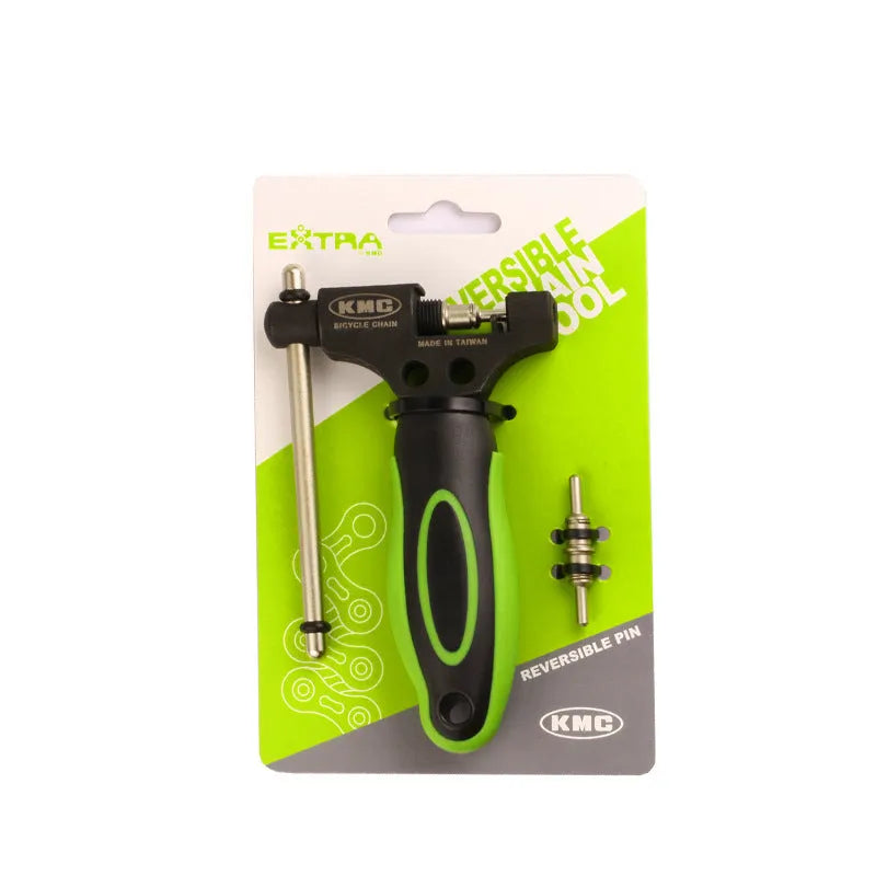 Green steel bicycle chain cutter tool with double shaft device and included chain driver accessory