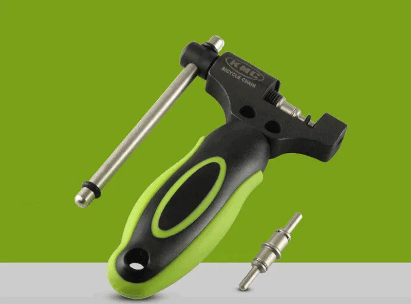 Green steel bicycle chain cutter tool with double shaft device and included chain driver accessory