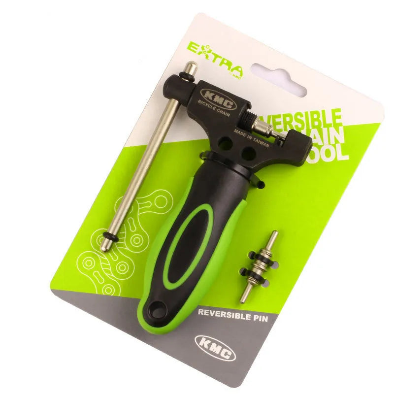 Green steel bicycle chain cutter tool with double shaft device and included chain driver accessory