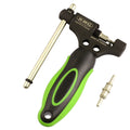 Green steel bicycle chain cutter tool with double shaft device and included chain driver accessory