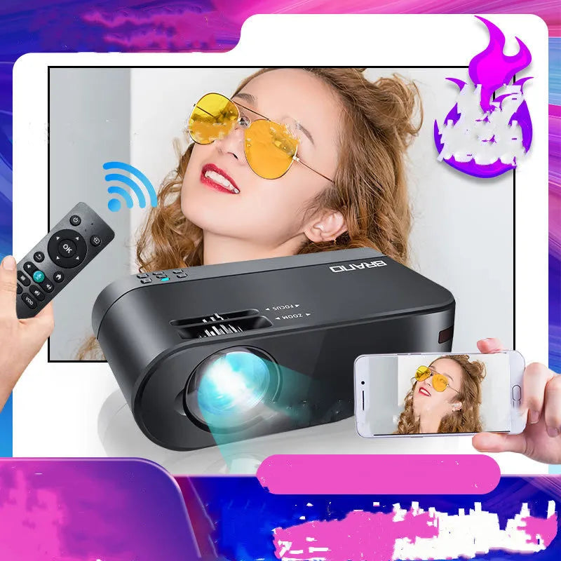 Portable wireless projector with AI voice control showing mobile phone screen mirroring