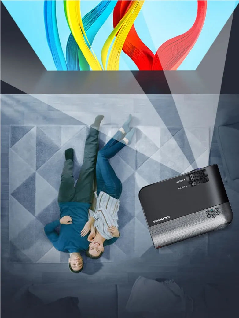 Portable wireless projector with AI voice control showing mobile phone screen mirroring