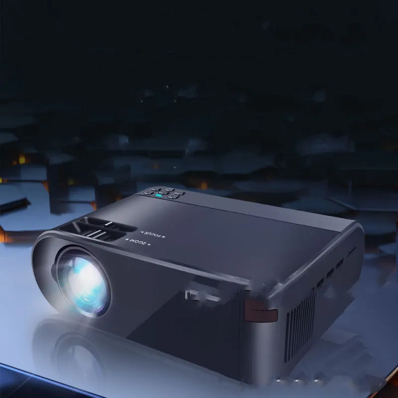 Portable wireless projector with AI voice control showing mobile phone screen mirroring