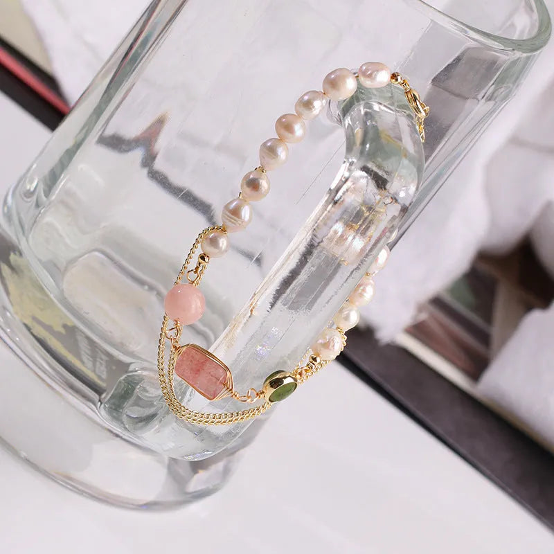 Women's geometric freshwater pearl bracelet with strawberry crystal accents in UG309 pink colour