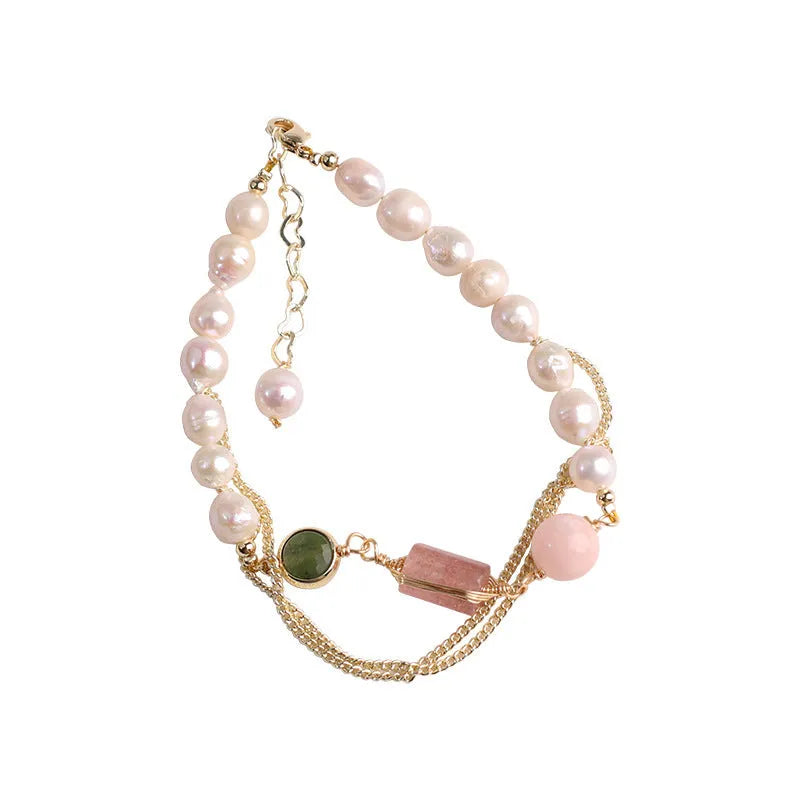 Women's geometric freshwater pearl bracelet with strawberry crystal accents in UG309 pink colour