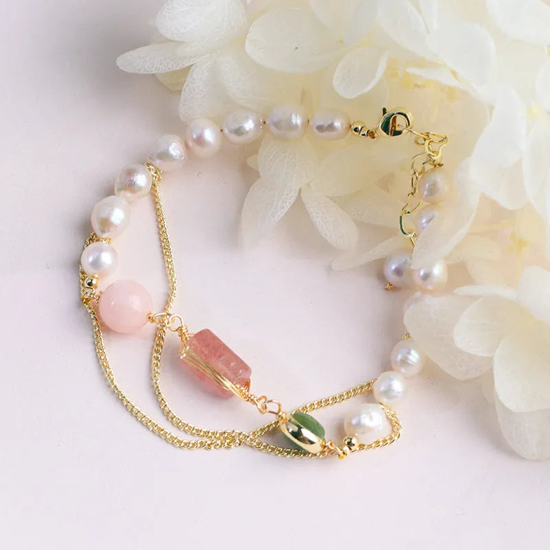 Women's geometric freshwater pearl bracelet with strawberry crystal accents in UG309 pink colour