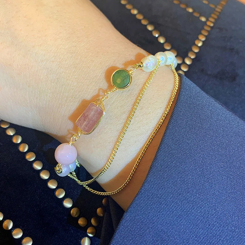 Women's geometric freshwater pearl bracelet with strawberry crystal accents in UG309 pink colour