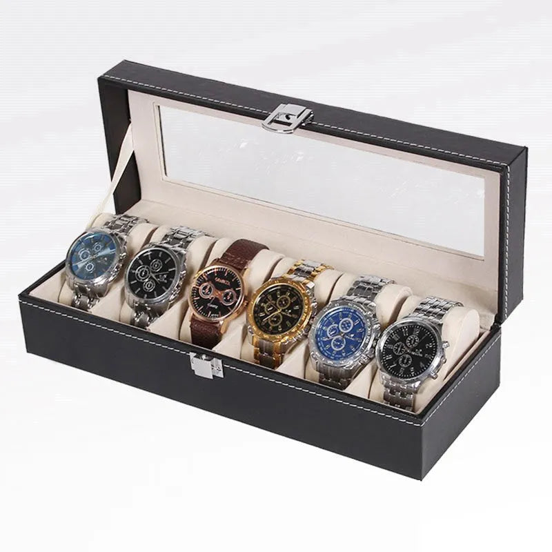 Black wooden watch storage box with six watch display windows, dimensions 30x11x8 cm