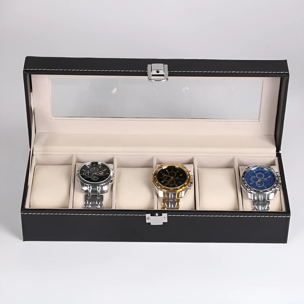 Black wooden watch storage box with six watch display windows, dimensions 30x11x8 cm