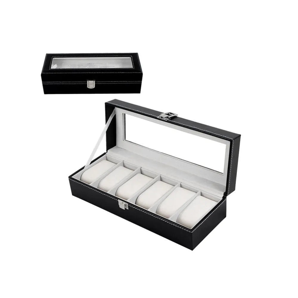 Black wooden watch storage box with six watch display windows, dimensions 30x11x8 cm