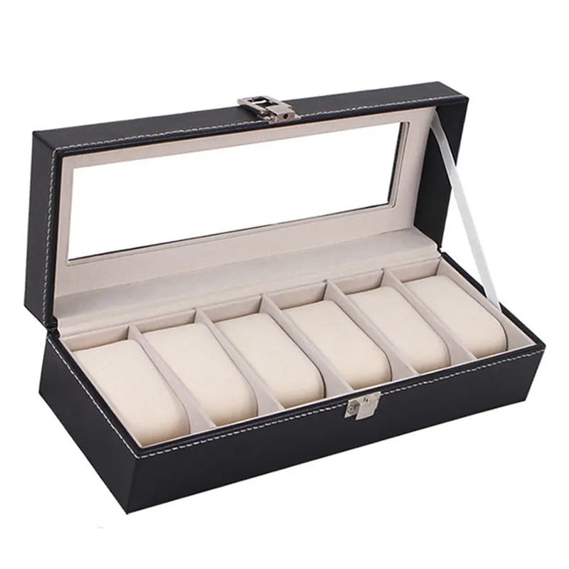 Black wooden watch storage box with six watch display windows, dimensions 30x11x8 cm