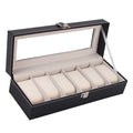 Black wooden watch storage box with six watch display windows, dimensions 30x11x8 cm