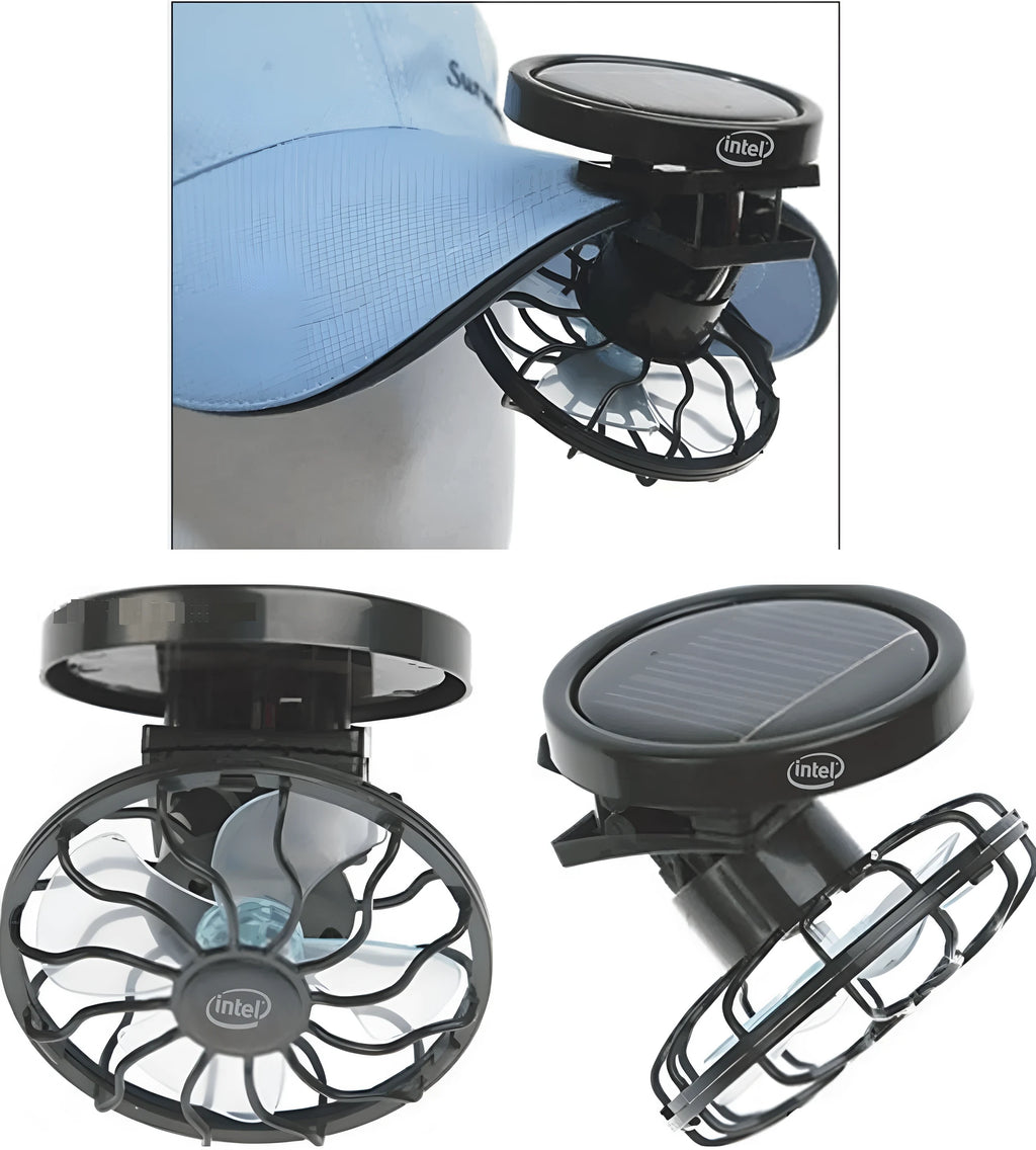 Black solar powered clip-on fan with solar panel for outdoor cooling during camping and travel