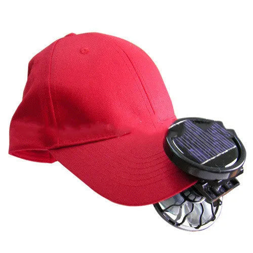 Black solar powered clip-on fan with solar panel for outdoor cooling during camping and travel