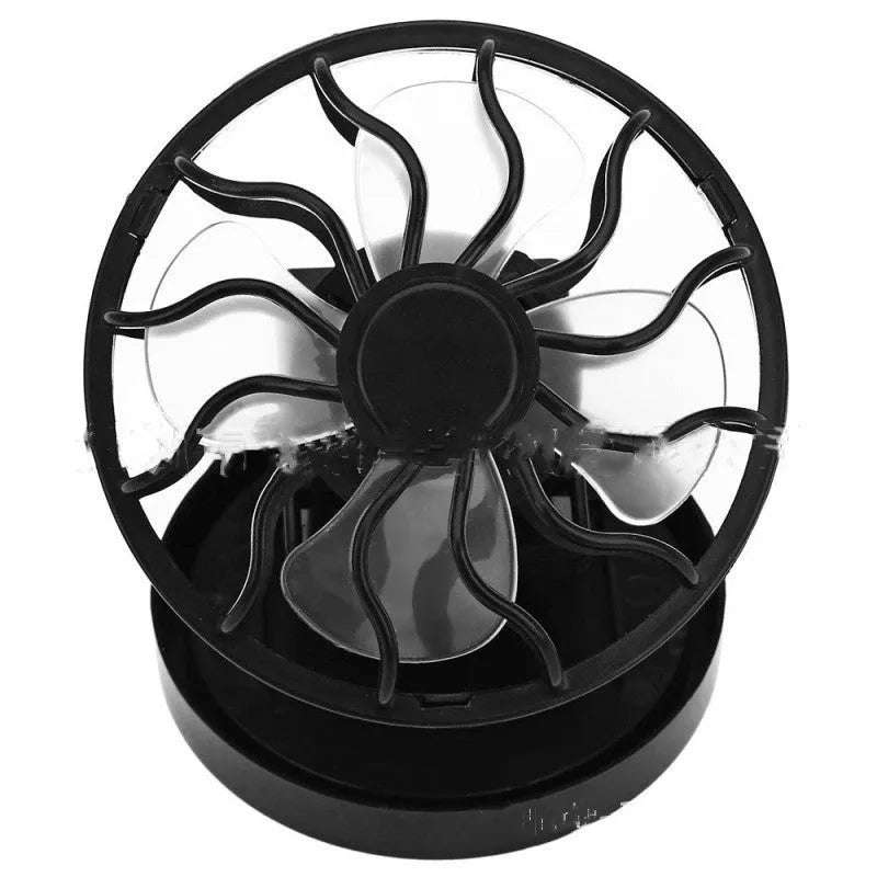 Black solar powered clip-on fan with solar panel for outdoor cooling during camping and travel