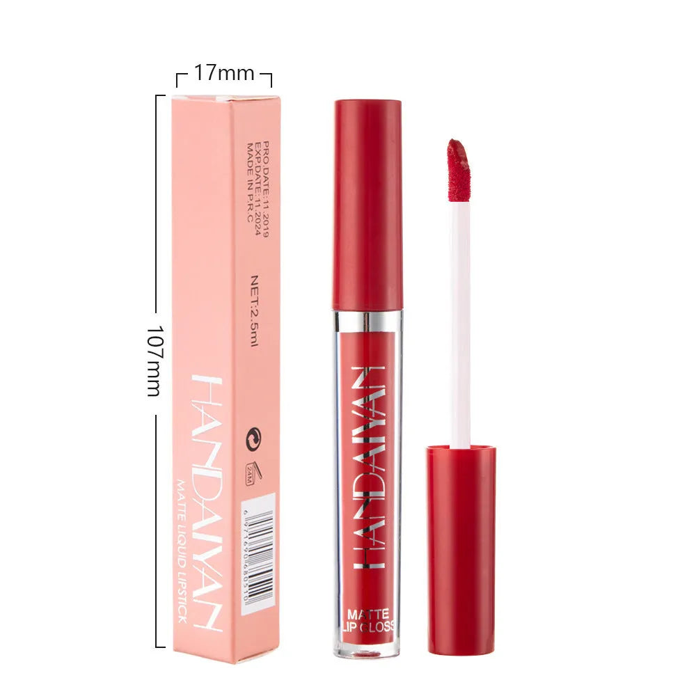HANDAIYAN matte liquid lipstick tube showing 2.5ml net content, non-fading formula, in one of 13 colour options.