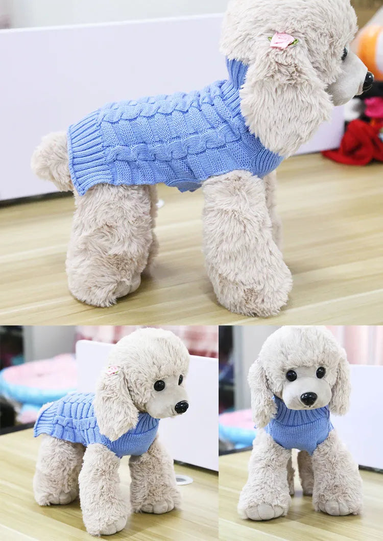 Wool knitted dog pullover sweater with a twisted rope cable pattern on a mannequin.