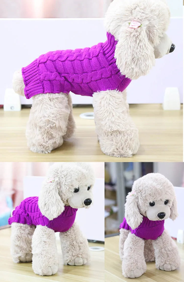 Wool knitted dog pullover sweater with a twisted rope cable pattern on a mannequin.