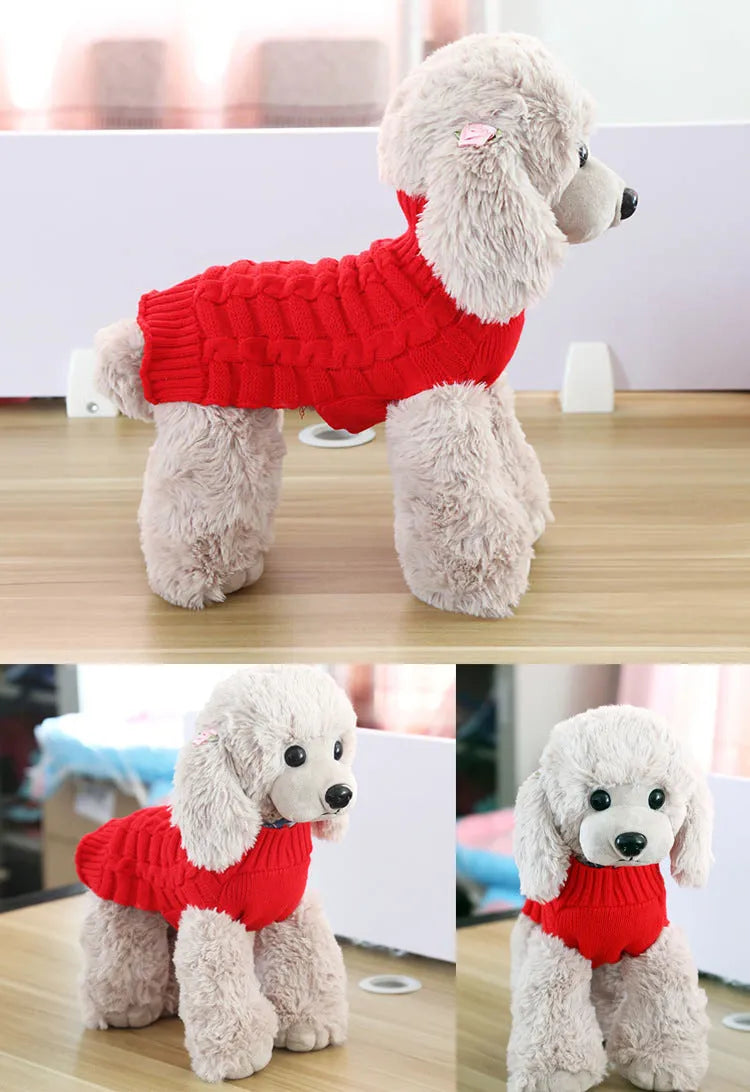 Wool knitted dog pullover sweater with a twisted rope cable pattern on a mannequin.